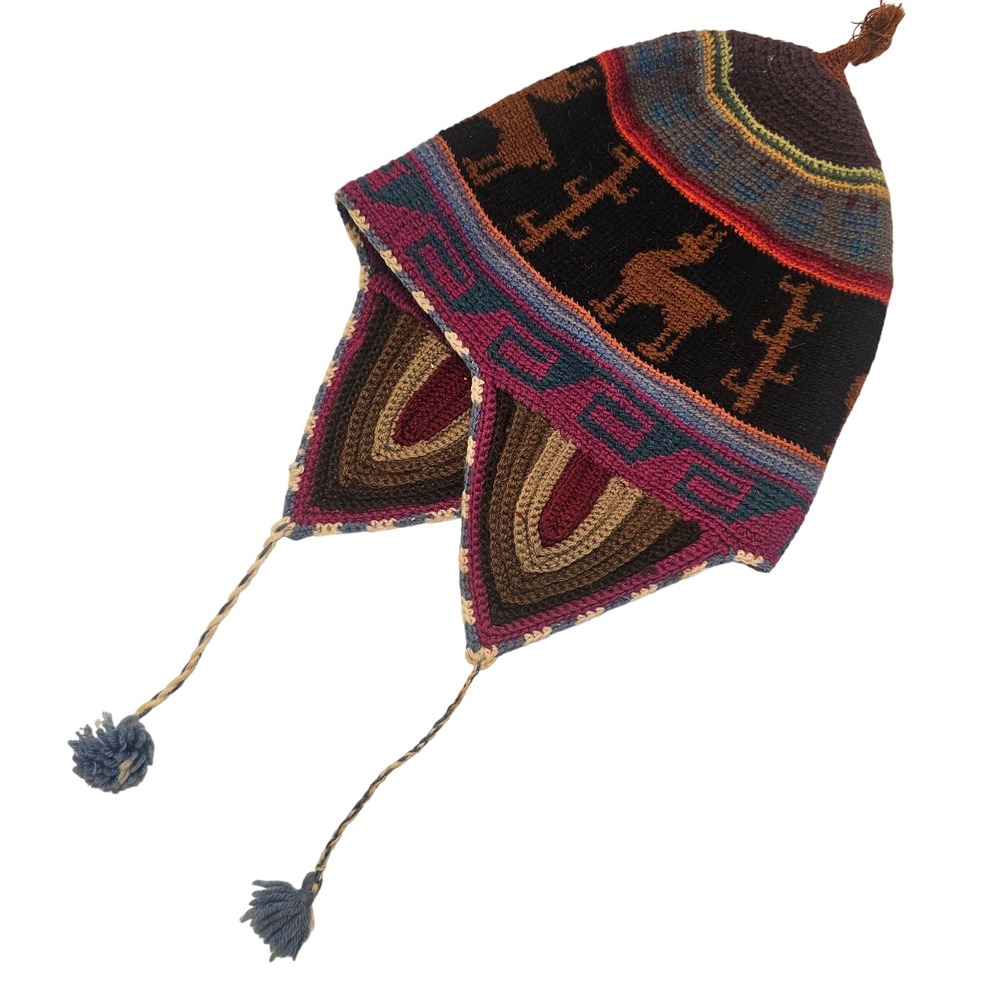 Handmade Knit Llama Chullo Hat Earflap Tassel Boho Andean Multicolor Small